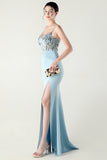 Navy Spaghetti Straps Appliques Corset Sheath Prom Dress with Slit