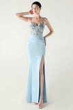 Navy Spaghetti Straps Appliques Corset Sheath Prom Dress with Slit