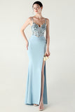 Navy Spaghetti Straps Appliques Corset Sheath Prom Dress with Slit