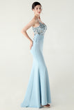 Navy Spaghetti Straps Appliques Corset Sheath Prom Dress with Slit
