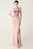 Navy Spaghetti Straps Appliques Corset Sheath Prom Dress with Slit