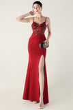 Navy Spaghetti Straps Appliques Corset Sheath Prom Dress with Slit