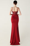 Navy Spaghetti Straps Appliques Corset Sheath Prom Dress with Slit