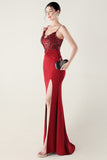 Navy Spaghetti Straps Appliques Corset Sheath Prom Dress with Slit