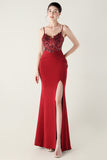 Navy Spaghetti Straps Appliques Corset Sheath Prom Dress with Slit