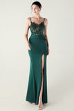 Navy Spaghetti Straps Appliques Corset Sheath Prom Dress with Slit