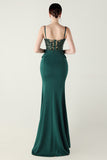 Navy Spaghetti Straps Appliques Corset Sheath Prom Dress with Slit