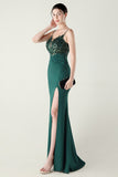 Navy Spaghetti Straps Appliques Corset Sheath Prom Dress with Slit