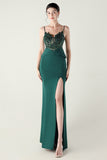 Navy Spaghetti Straps Appliques Corset Sheath Prom Dress with Slit