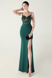 Navy Spaghetti Straps Appliques Corset Sheath Prom Dress with Slit