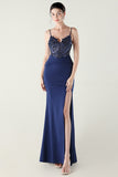 Navy Spaghetti Straps Appliques Corset Sheath Prom Dress with Slit