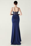 Navy Spaghetti Straps Appliques Corset Sheath Prom Dress with Slit