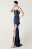 Navy Spaghetti Straps Appliques Corset Sheath Prom Dress with Slit
