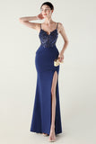 Navy Spaghetti Straps Appliques Corset Sheath Prom Dress with Slit