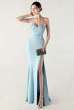 Blue Strapless Pleated Sheath Prom Dress with Slit