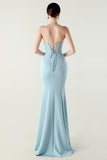 Blue Strapless Pleated Sheath Prom Dress with Slit