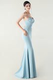 Blue Strapless Pleated Sheath Prom Dress with Slit