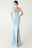 Blue Strapless Pleated Sheath Prom Dress with Slit