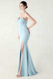 Blue Strapless Pleated Sheath Prom Dress with Slit