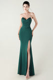 Blue Strapless Pleated Sheath Prom Dress with Slit