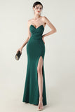 Blue Strapless Pleated Sheath Prom Dress with Slit