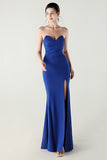 Blue Strapless Pleated Sheath Prom Dress with Slit