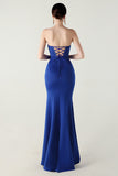 Blue Strapless Pleated Sheath Prom Dress with Slit