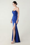 Blue Strapless Pleated Sheath Prom Dress with Slit