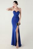 Blue Strapless Pleated Sheath Prom Dress with Slit