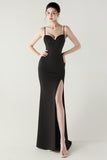 Dark Green Spaghetti Straps Corset Sheath Prom Dress with Slit