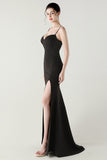 Dark Green Spaghetti Straps Corset Sheath Prom Dress with Slit