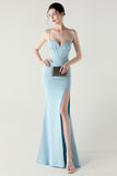 Dark Green Spaghetti Straps Corset Sheath Prom Dress with Slit