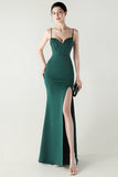 Dark Green Spaghetti Straps Corset Sheath Prom Dress with Slit