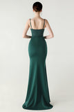 Dark Green Spaghetti Straps Corset Sheath Prom Dress with Slit