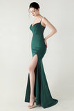 Dark Green Spaghetti Straps Corset Sheath Prom Dress with Slit