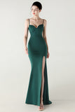 Dark Green Spaghetti Straps Corset Sheath Prom Dress with Slit