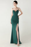 Dark Green Spaghetti Straps Corset Sheath Prom Dress with Slit