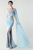 White One Shoulder Sheath Prom Dress with Slit