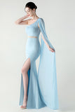 White One Shoulder Sheath Prom Dress with Slit