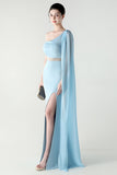 White One Shoulder Sheath Prom Dress with Slit