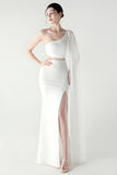 White One Shoulder Sheath Prom Dress with Slit