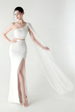 White One Shoulder Sheath Prom Dress with Slit