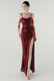 Sparkly Burgundy Sequins Spaghetti Straps Sheath Prom Dress with Slit