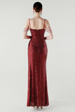 Sparkly Burgundy Sequins Spaghetti Straps Sheath Prom Dress with Slit