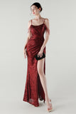 Sparkly Burgundy Sequins Spaghetti Straps Sheath Prom Dress with Slit
