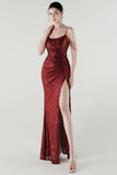 Sparkly Burgundy Sequins Spaghetti Straps Sheath Prom Dress with Slit