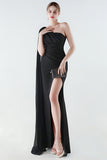 Black One Shoulder Sheath Long Prom Dress with Slit