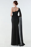 Black One Shoulder Sheath Long Prom Dress with Slit