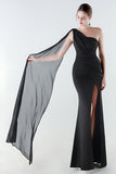 Black One Shoulder Sheath Long Prom Dress with Slit
