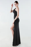 Black One Shoulder Sheath Long Prom Dress with Slit